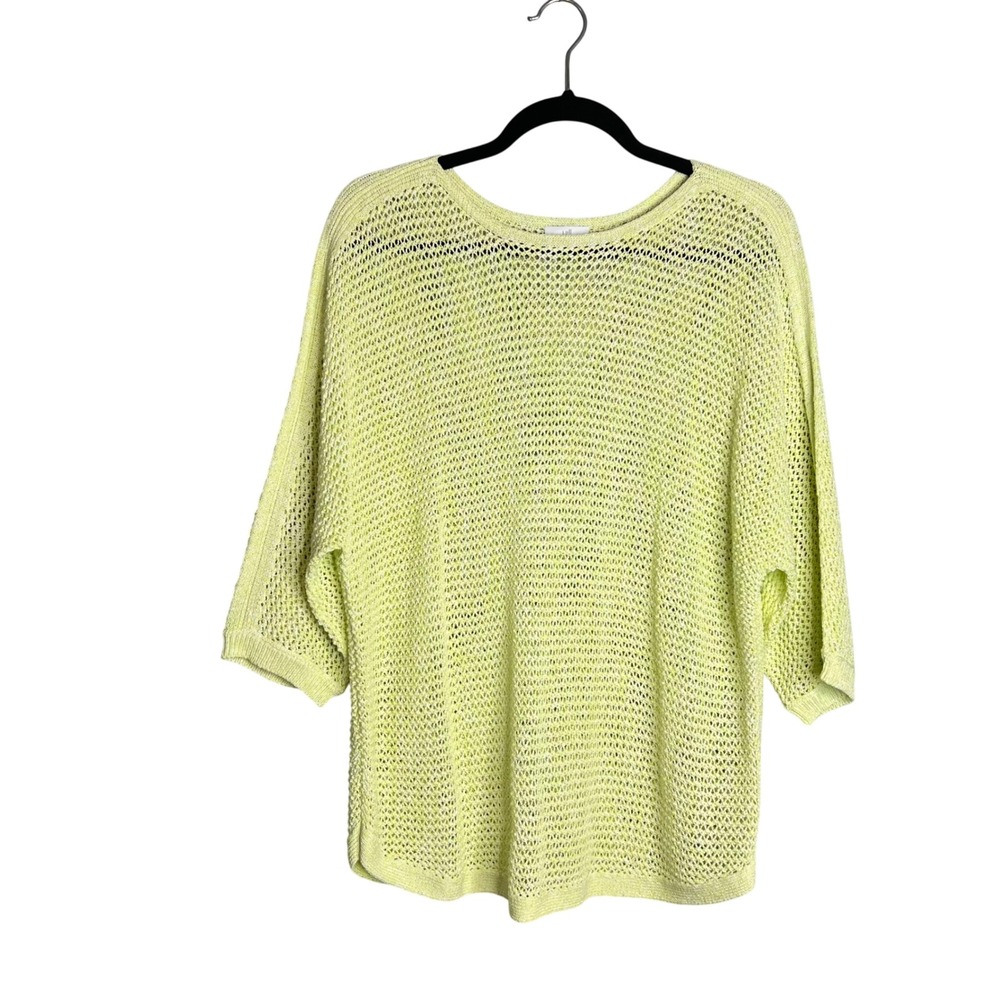 J. Jill Open Knit Sweater Sz M Lime Green 3/4 Dolman Sleeve Beachy Boho Bright